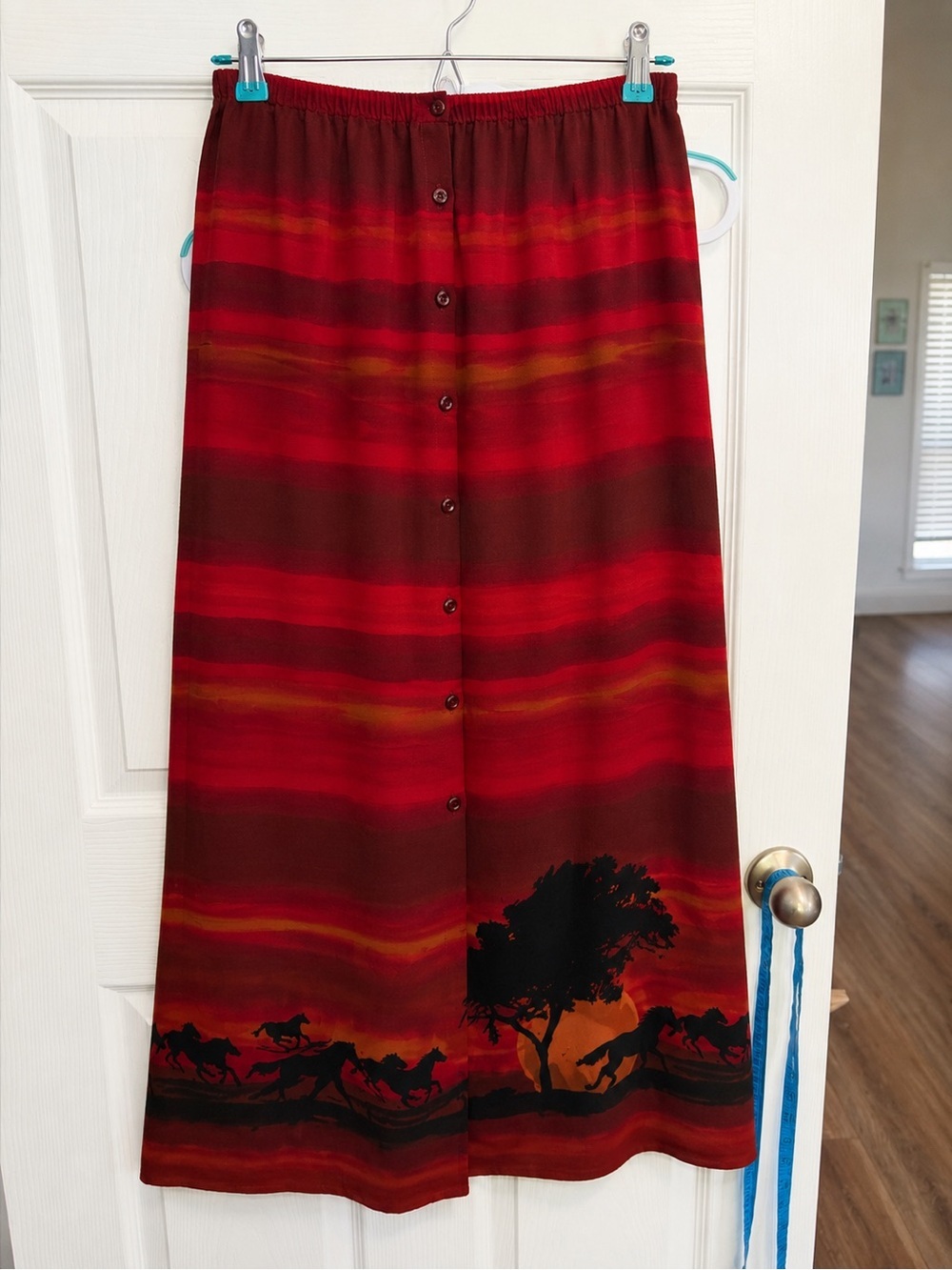 Vintage Panhandle Slim Western Horse Border Print Maxi Skirt USA Rayon Large